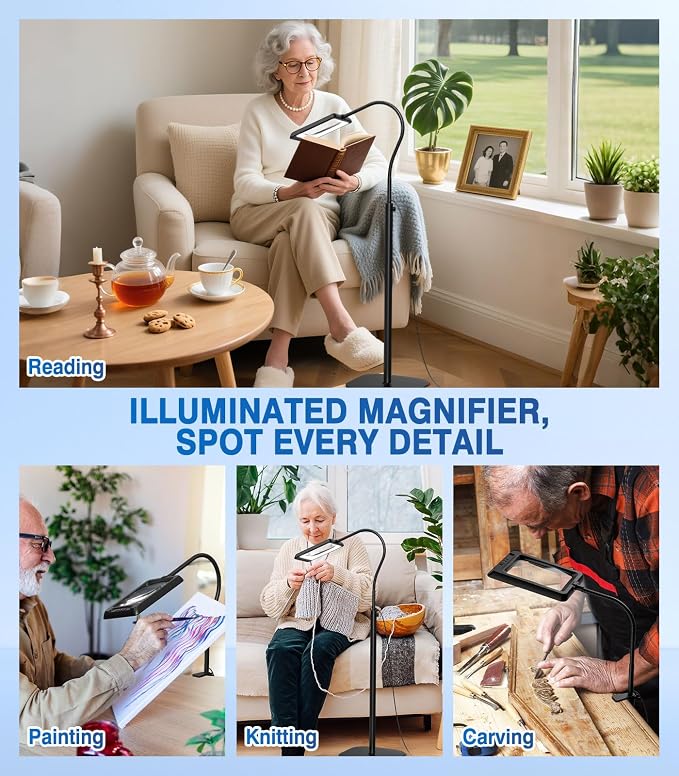 MoKo 10X Floor Magnifying Glass with Light and Stand, 7-Inch Lens | Floor magnifying lamp has a flexible gooseneck, 60 LEDs, 5 color modes and a 3-in-1 floor or desk design.