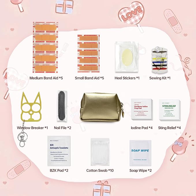 Kitgo Mini First Aid Emergency Clutch Kit -Mother Day Gift Compact Safety Pouch Party Bag with 27 Essential Items for Girl Lady Mother Wife Nurse for Girl Lady Mother Wife Nurse