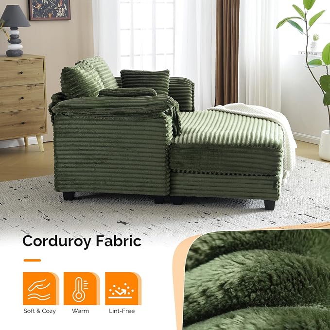 VINGLI Lounge Chair, 56" Oversized Reading Chair Corduroy Chaise Sofa Recliner Bed Upholstered Comfy Sleeper Couch with Throw Pillows and Armrests for Living Room, Movie Room, Bedroom