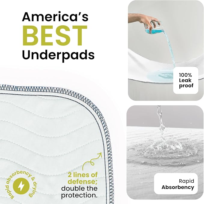 IMPROVIA® Washable Underpads, Heavy Absorbency Reusable Incontinence Pads for Kids, Adults, Elderly, and Pets - Waterproof Protection Floor White & White (4 Pack - 18x24)