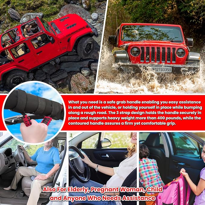 E-cowlboy Roll Bar Grab Handles Grip Handle for Jeep Wrangler JK JKU JL JLU TJ YJ Sports Sahara Freedom Rubicon Unlimited Gladiator JT 1955-2023 UTV ATV Accessories Premium 550 Paracord (Red 2 Pack)