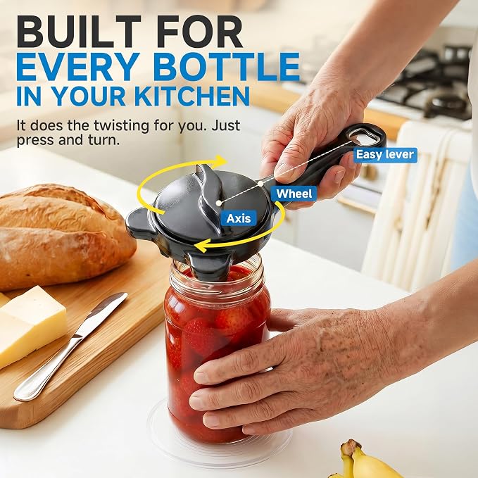 2026 Upgraded 4-in-1 Jar Opener - Adjustable Stainless Steel Lid Remover for Seniors & Arthritis Sufferers (Black)