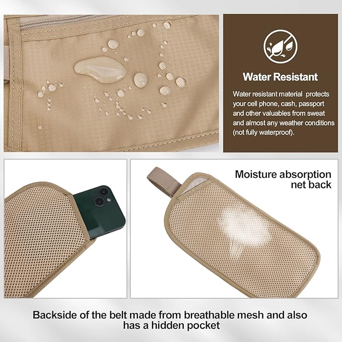 Money Belt - Passport Holder Secure Hidden Travel Wallet with RFID Blocking, Undercover Fanny Pack (Beige)