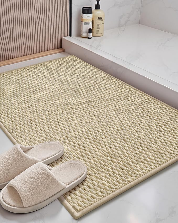 Color&Geometry Bathroom Rugs with Rubber Backing, Non Slip Machine Washable Bath Mat, Soft Absorbent Chenille Boho Carpet for Bathroom Floor, Tub and Shower,24"x36", Khaki