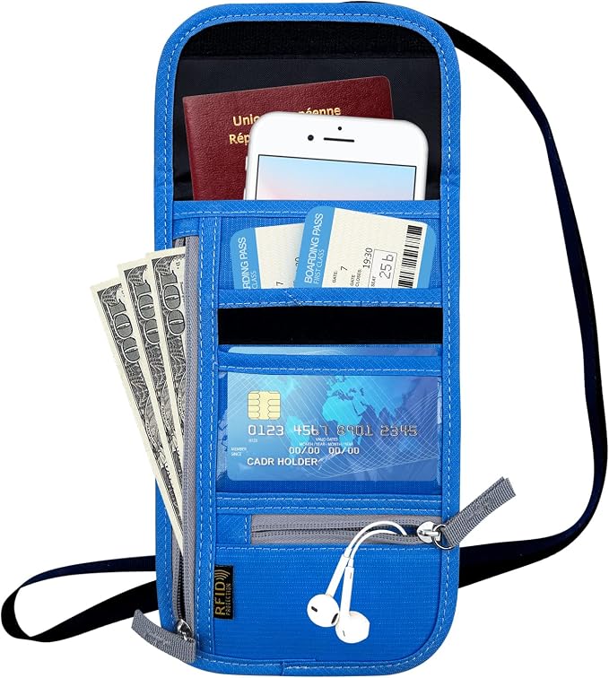 Travel Neck Wallet, RFID Blocking Passport Holder with Adjustable Neck Strap for Men and Women to Keep Cash, Credit Cards and Travel Documents Safe - Navy Blue