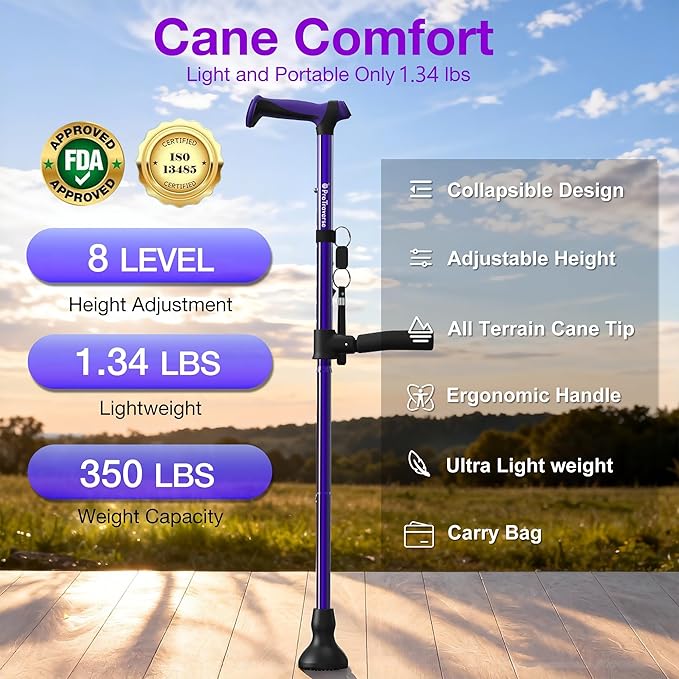 Walking Cane for Men & Women,Foldable,Adjustable,Self Standing Cane with Second Handle,350lbs Heavy Duty,All Terrain,Collapsible Walking Sticks for Seniors & Adults,Purple