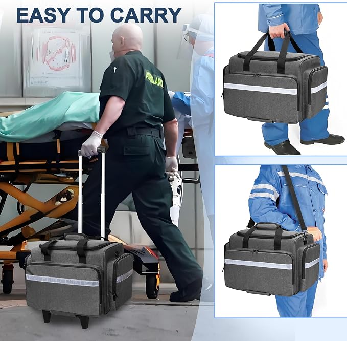 Damero Rolling Medical Bag with Detachable Trolley & Cover Fixed Strap | Medical Bag On Wheels with Inner Dividers, Bottom Support Board, Shoulder Strap for Home Health Nurses, Doctors, EMT, EMS
