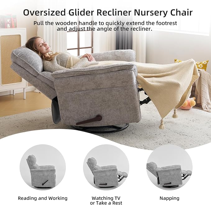 Oversized Glider Rocker Recliner, 24" Extra Wide 360° Swivel Nursery Recliner with Adjustable Headrest, Chenille Rocking Nursery Chair with Overstuffed Armrest, Lumbar Support, Light Grey