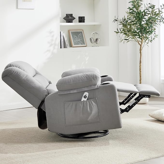 Ketaiyou Swivel Rocker Recliner Chair for Adults with Massage and Heat, Cup Holders and Side Pockets, Glider Rocking Reclining Single Sofa Chair for Living Room (L Grey)