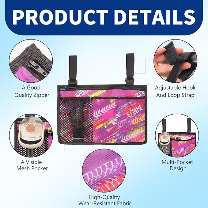 Wheelchair Side Bag, Wheelchairs Armrest Storage Pouch with Multiple Pockets, Durable Wheelchair Bags to Hang on Side for Most Wheelchairs, Walkers & Rollators(Orange)