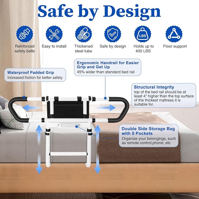 Bed Rails for Elderly Adults, Bed Handrails Grab Bar with Pouch | Fits Twin/Full/Queen/King. Heavy-duty steel, 400-lbs. Non-slip grip. Tool-free install either side. Ideal for seniors