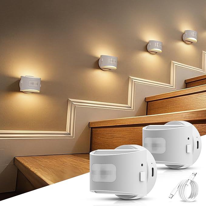 DORESshop Motion Sensor Night Light Indoor, Rechargeable Night Lights, Magnetic Stick-On Stair Lights 3000K Warm White, Battery Operated Lights for Hallway,Kitchen,Closet,Bedroom