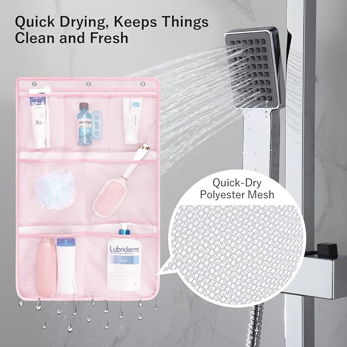 F-color 7-Pocket Mesh Shower Caddy - Hanging Shower Organizer for Cruise | Quick-Dry & See-Through Mesh for Toiletries, Fits Shower Rod Rings or Sticky Hooks for Bathroom & RV, Cruise Essentials 2026