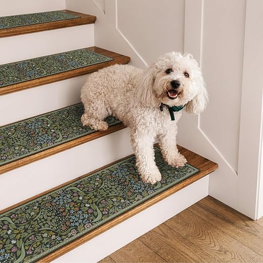 OJIA Non-Slip Stair Runner for Wooden Steps 4PCS 30"x8" Carpet Stair Treads | Indoor Floral Stair Treads Carpet Stair Mats Staircase Step Treads for Kids, Elders and Dogs, Stair Covers, Green
