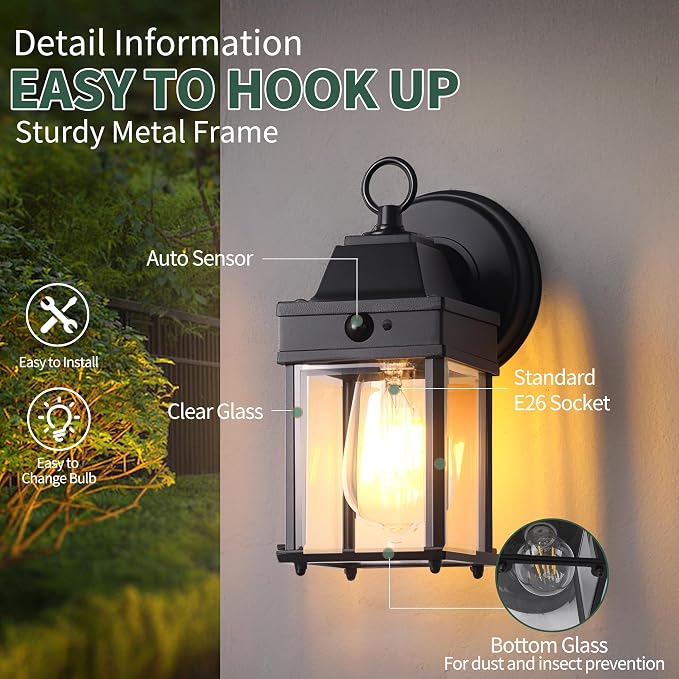 Motion Sensor Dawn to Dusk Sensor Outdoor Wall Light Fixtures Waterproof Porch Lights Outdoor Anti-Rust Black Exterior Lighting Fixtures for House Front Door -2 Pack