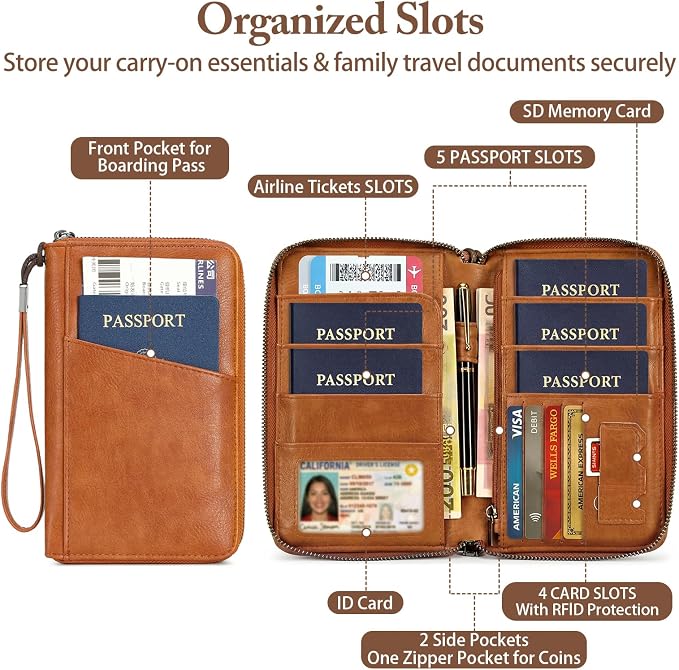 Family Passport Holder for Travel Women and Men Multiple RFID blocking Passport Holder MultiFunction Passport Wallet Passport Case Passport cover with Zipper