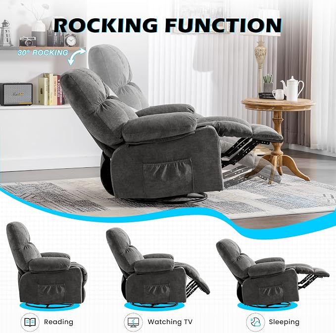 MAHOMICO Oversized Recliner Chair with Massage and Heat, 360° Swivel Rocker | Fabric swivel rocker recliner with ergonomic support, USB charging, cup holders and side pocket for living room