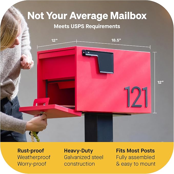 Adoorn Lockable Post Mount Mailboxes for Outside - Small Anti-Theft Locking Mailbox for Packages and Letters - Weatherproof Construction - Durable Steel - 12" H x 12" W x 18.5" D - Red