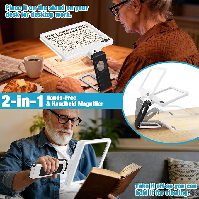 30X 6X Rechargeable Magnifying Glass for Reading, Large Full Page Magnifier with Folding Stand, 3 Color Light Modes, Dimmable LED Lighted, Hands Free Book Magnifier for Low Vision Seniors, White-Black