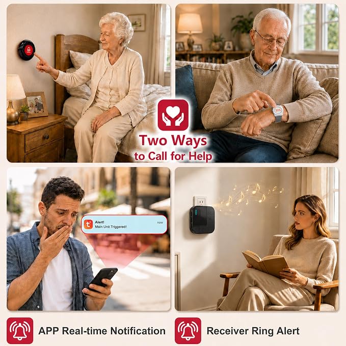 SanJie WiFi Caregiver Pager with Remote App Alerts & Family Sharing, IP55 Water-Resistant Call Button for Elderly at Home, Recovery Care & Night Care, 110dB Loud Alarm & 20 Chimes (Only 2.4GHz Wi-Fi)