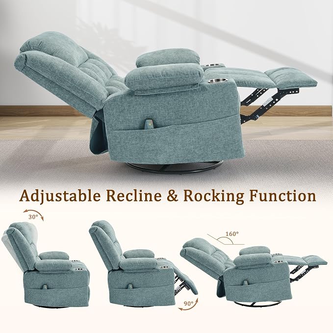 Korser Adult 360° Swivel Rocking Recliner, Nursery Rocking Chair with Massage and Heating Function, Cup Holder, Manually Adjustable Seat for Living Room and Bedroom (Fabric, Lake Blue)