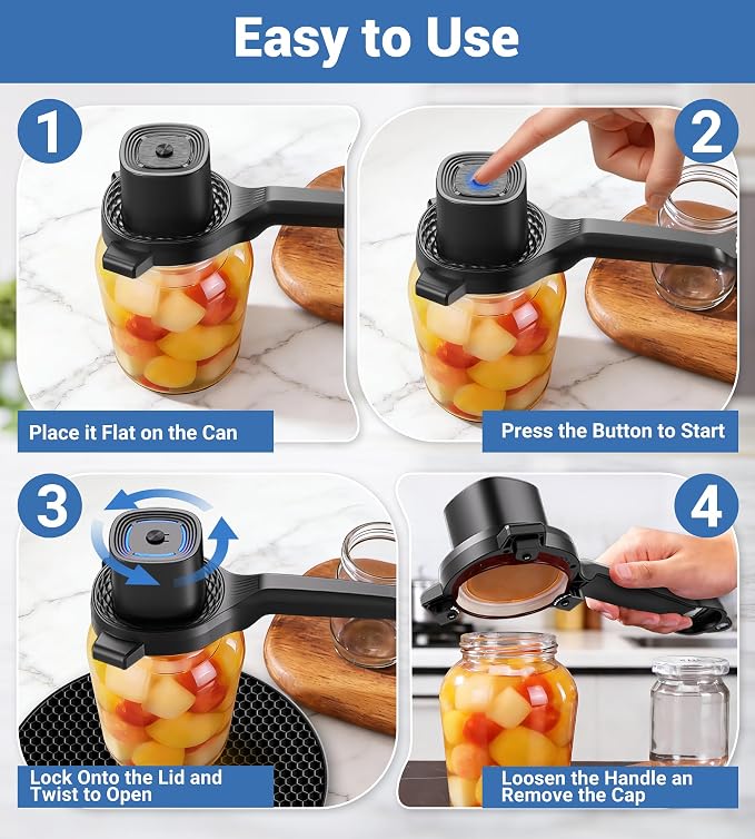 Electric Jar Opener for Seniors with Power-Clamp Technology, 2-in-1 Patent Automatic Jar & Bottle Opener Rechargeable 800mAh Hands-Free Opener with Bonus Anti-Slip Gripper Pad for Beer, Dressing, Jar