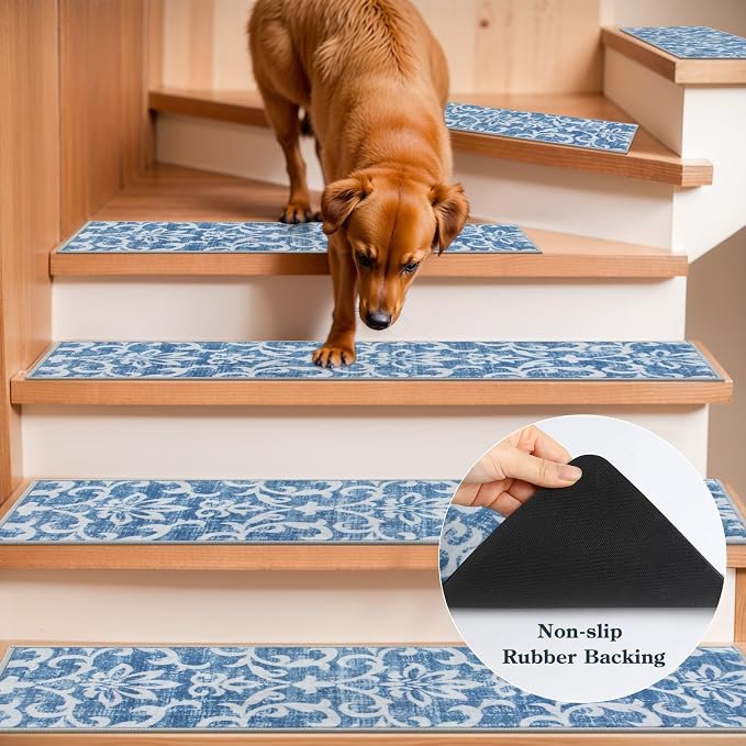 Lahome Carpet Stair Treads Non Slip, 15 Pack Stair Treads for Wooden Steps | 8"X30", Rubber Backing Soft Washable Stairway Stair Runners Staircase Rugs for Kids Pets Elders(15pc Blue)