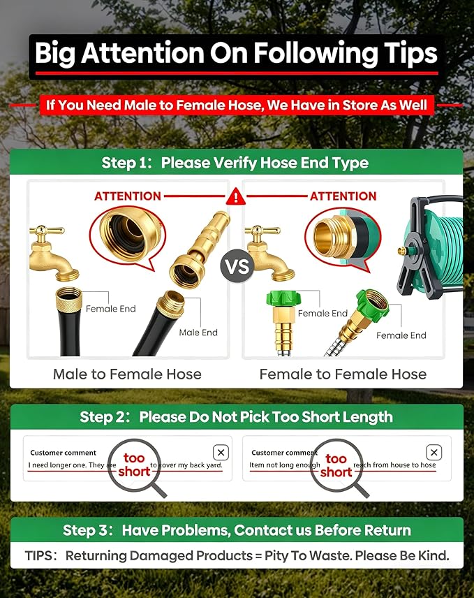 Short Metal Garden Hose 10ft with Female to Female Connector， Stainless Steel Small Leader Hose for Hose Reel, Long, Flexible, Lightweight & Heavy Duty Water Pipe, Outdoor Water Hose Extension Adapter