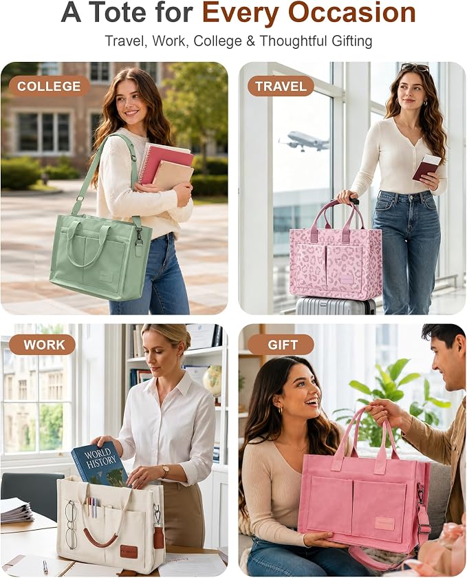 FIORETTO Canvas Tote Bag for Women with Zipper Closure & Individual Compartments for Work College for Teacher & Nurse