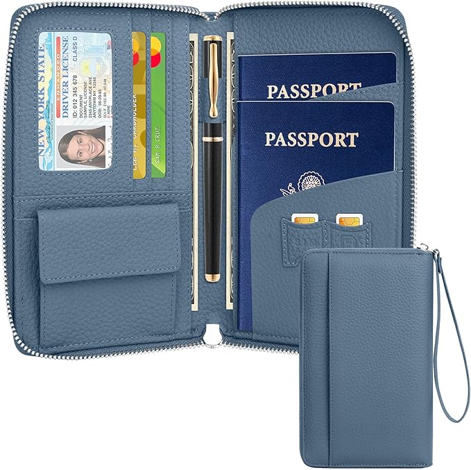 RFID Passport Holder for Travel Family with Coin Pocket, Blue | Leather Passport Cover for 2, Travel Document Organizer with Wrist Strap & 24 Card Slots, for Women Men