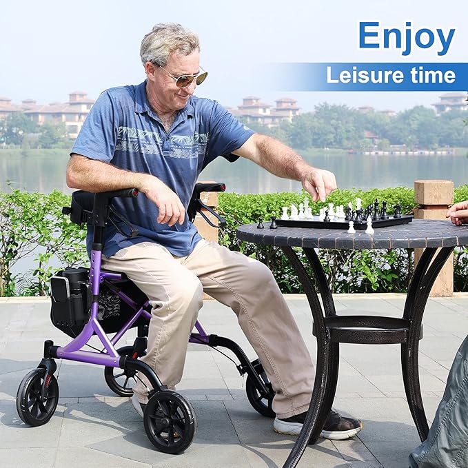 WALK MATE Rollator Walker for Seniors with Cup Holder, Upgraded Thumb Press Button for Height Adjustment, 4 x 8 Wheels Walker with Seat Padded Backrest Folding Lightweight Walking Aid, Purple