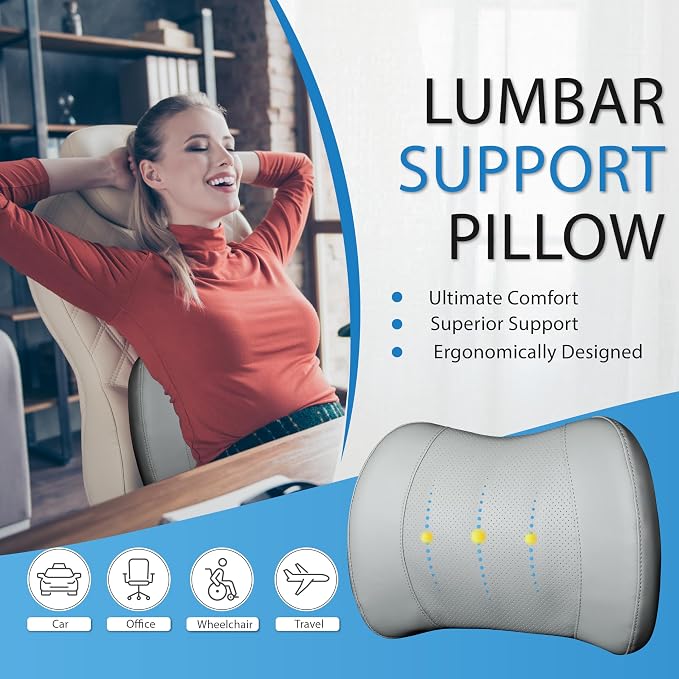 Lofty Aim Lumbar Support Pillow for Car, Car Seat Back Support for Driving | Memory Foam Car Lumbar Support for Driving Seat, Car Back Cushion, Adjustable Straps, Lower Back Pillow, PU Leather, Gray