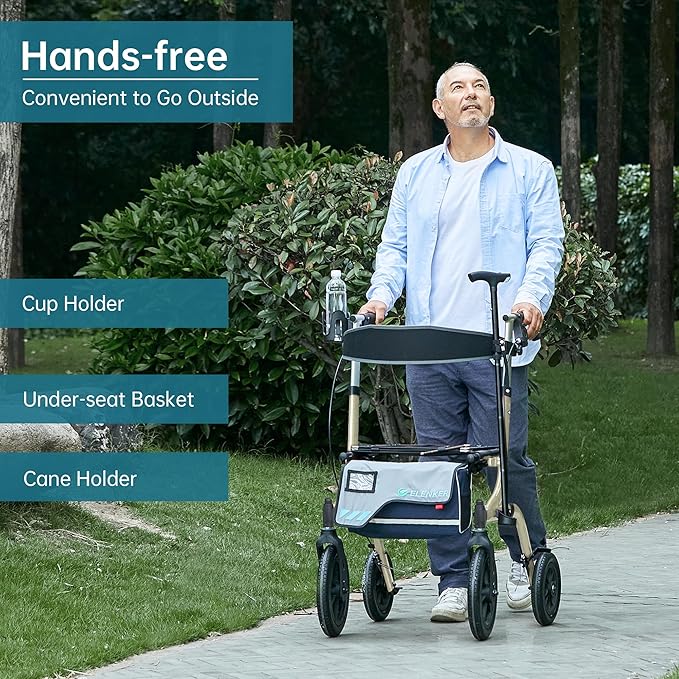 ELENKER All-Terrain Rollator Walker with Seat, Outdoor Rolling Walker, 12” Non-Pneumatic Tire Front Wheels, Compact Folding Design for Seniors, Champagne