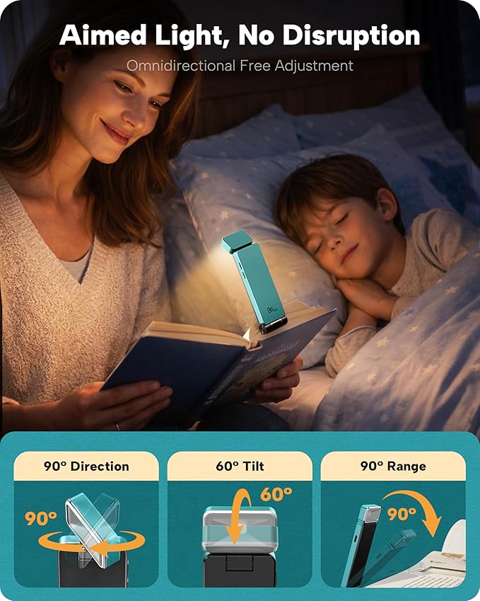 86lux Book Light, Rechargeable Clip-On LED Reading Light for Bed & Night Use - 3 Color Temperatures with Stepless Dimming, Ultralight Bookmark Design for Kids, Book Lovers, Cyan