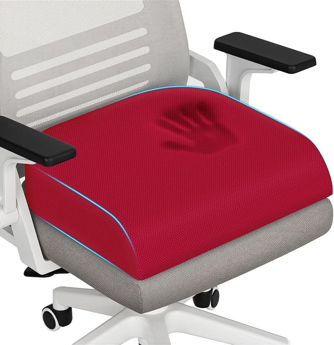 TranquilRelax XL Memory Foam Seat Cushion for Office Chair, 3.35-Inch, Red | Medium-firm Support for Long Sitting, Washable Mesh Cover, Non-slip Base, Perfect for Car Seats & Short Drivers