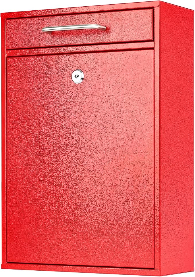 KYODOLED Locking Wall Mount Mailbox for Outside, Drop Box, X-Large, Red | Heavy-Duty Steel, Outdoor Mail Box with Key Lock, Large Capacity, Home, Office & Apartment Use, 16.2H × 11.2L × 4.6W In