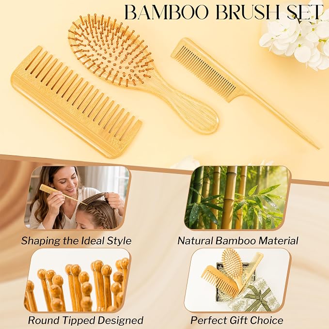 Bamboo Hair Brush for Hair Growth, Natural Bamboo Bristles Detangling Wooden Paddle Hairbrush for Massaging Scalp, for Women Men and Kids, for All Hair Types, with Ergonomic Handle (Set-3Pcs)