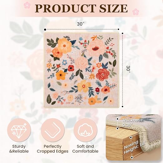 RORA Stair Treads Landing Mat 30"x30" Non-Slip Matching Mat for Wooden Steps Indoor, Bullnose Carpet Stair Floral Stair Rugs Washable Stair Carpet for Pets, Pink, 1pcs