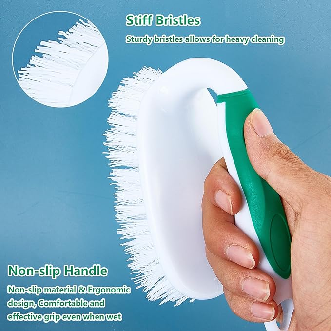 Scrub Brush Set, 4 Pack Deep Cleaning Brush Kit, Green | 2 Scrub Brush, 2 Tile & Grout Brush with Built-in Scraper, Household Commercial Scrubber for Floor, Shower, Pool Wall, Tub
