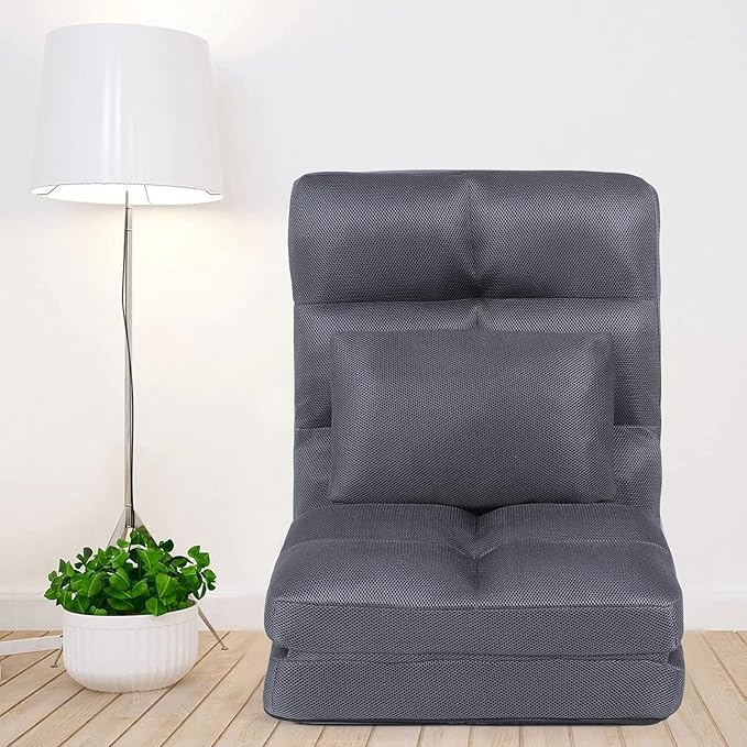 Indoor Chaise Lounge Sofa, Floor Chair with Back Support for Adults, 14 Angle Adjustment Recliner Chair, Folding Floor Lounger with Pillow 8823(Grey-2)
