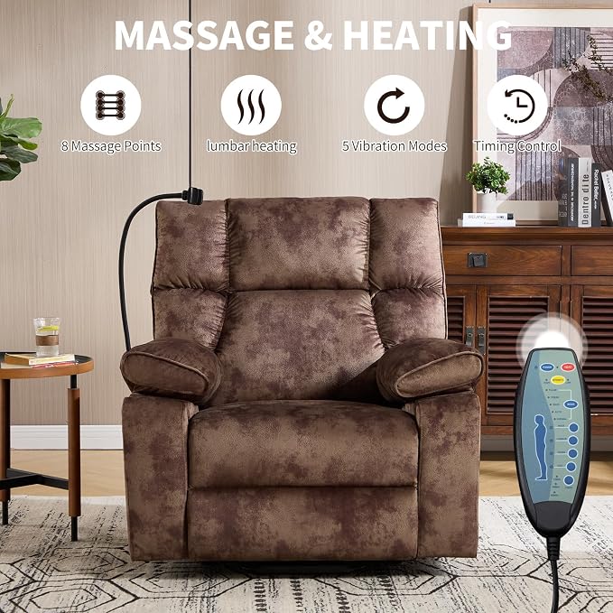 Power Lift Recliner for Elderly with Heat & Massage, Wide Electric Reclining Chair with Cup Holder, Phone Holder & Side Pockets, Brown