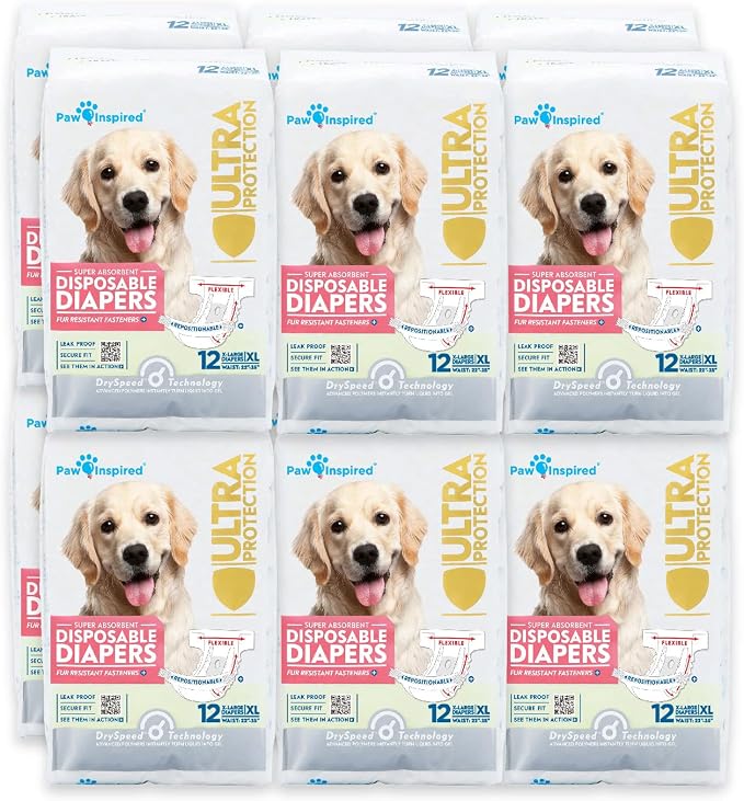 Paw Inspired Disposable Female Dog Diapers, XL Size, 144 Count | Ultra Protection, Adjustable Fasteners, Comfortable Fit, Leakproof Core, For Dogs in Heat, Excitable Urination, Incontinence