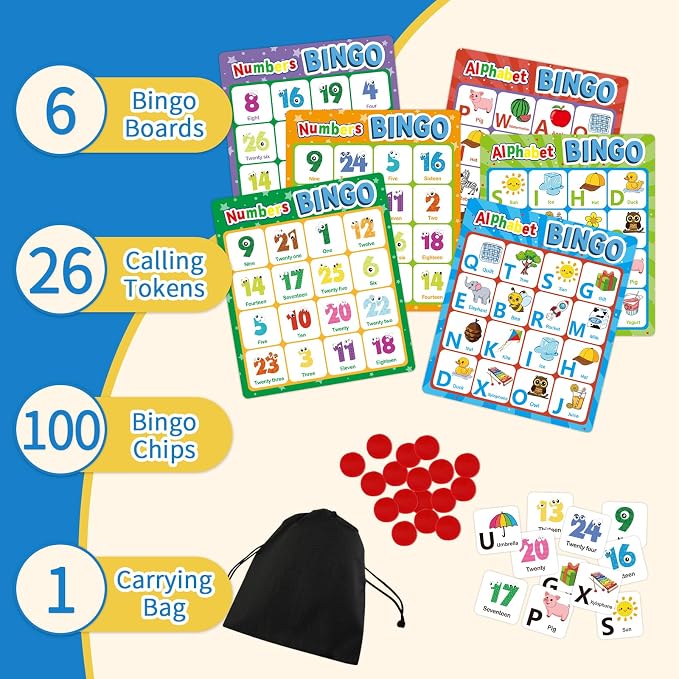 Alphabet Bingo Game, Letter&Number&Sight Word Bingo Board Games for Toddlers, ABC and 123 Learning Toys for Kids, Toddler Preschool Learning Activities, Family Matching Games