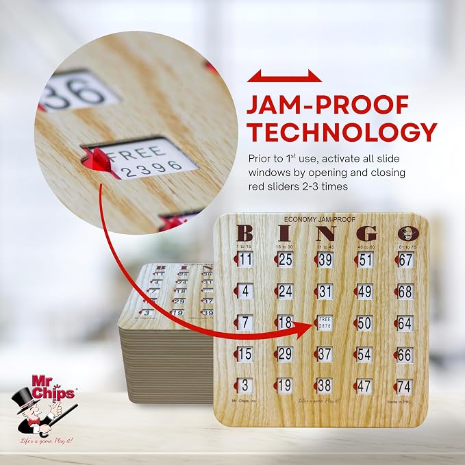 MR CHIPS Jam-Proof Fingertip Slide Bingo Cards with Sliding Windows 200 Pack in Tan Style