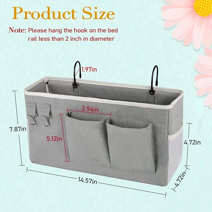 Bedside Caddy Bedside Storage Bag for Headboards/Bunk Bed | Hanging Bed Caddy with Hooks fits Bunk bed Hospital Beds Dorm Bed Rails, Essentials for Phones, Books, Remotes, Water Bottles