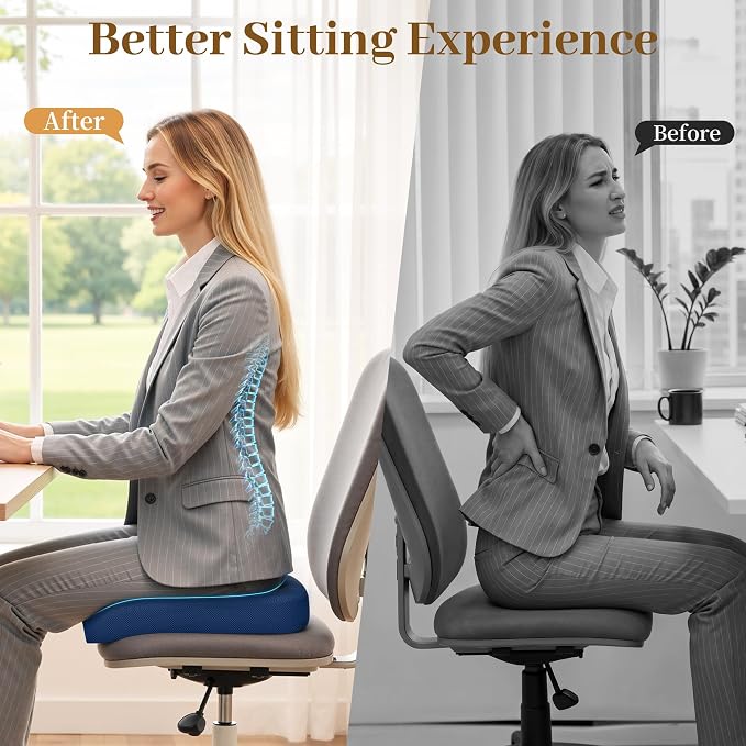 TranquilRelax 2XL Memory Foam Seat Cushion for Office Chair, 3.7-Inch, Blue | Medium-firm Support for Long Sitting, Washable Mesh Cover, Non-slip Base, Perfect for Car Seats & Short Drivers