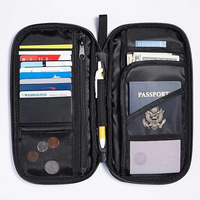 Amazon Basics RFID-blocking Passport Wallet, Passport Holder for Travel, Polyester/Nylon Material with Durable Zipper Closure, Zippered Pockets, Slots for Cards, 10"x5", Black, Solid