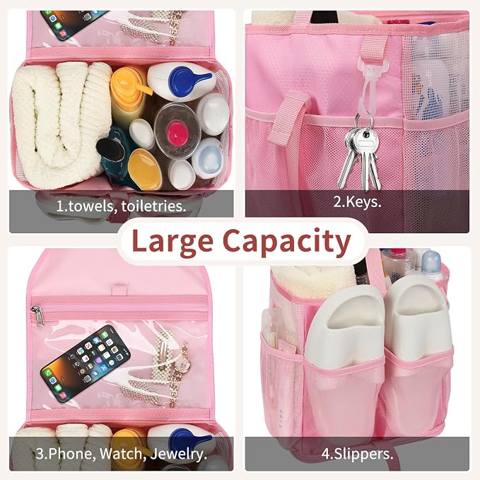 Ethereal Pink Hanging Mesh Shower Caddy Portable for College Dorm Room Essentials, Large Capacity Shower Bag for Guys/Girls, for Beach, Swimming, Gym