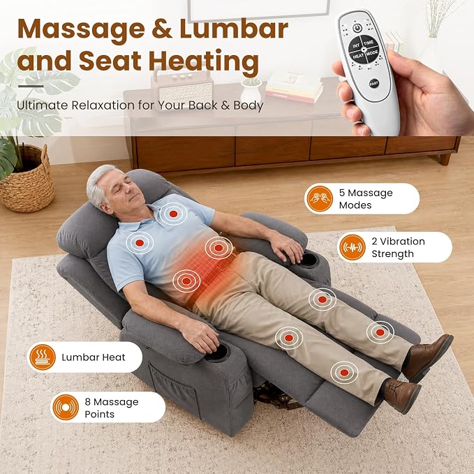 Electric Power Lift Recliner Chair Sofa with Massage and Heat for Elderly,Lift Chair with Cup Holder & Side Pockets for Living Room