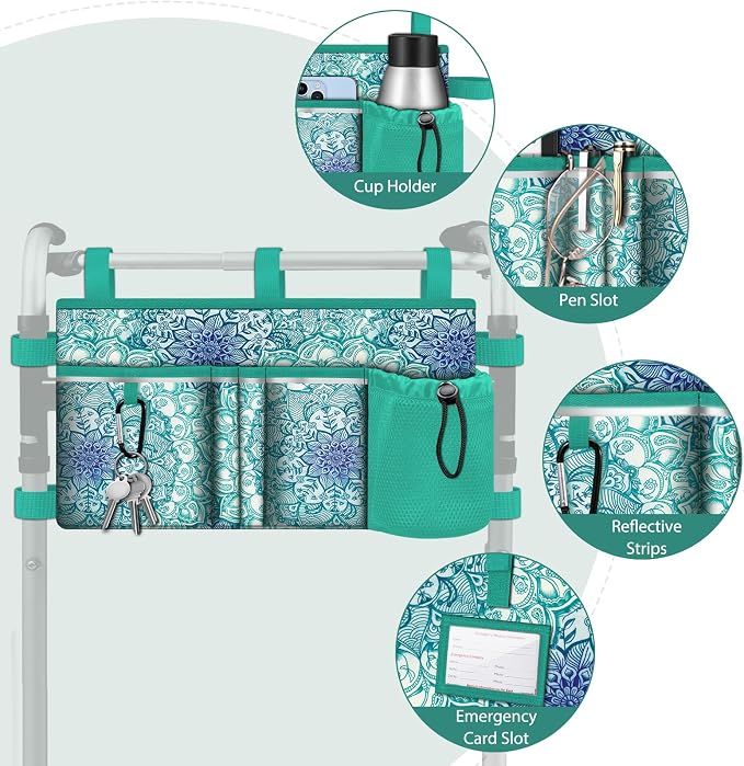 FINPAC Large Walker Tote Bag w/Cup Holder, Folding Walker Attachment Pouch | Water-resistant Polyester, Organized Pockets, Reflective Strip, Mobility Aid Storage Basket for Seniors, Emerald Illusions